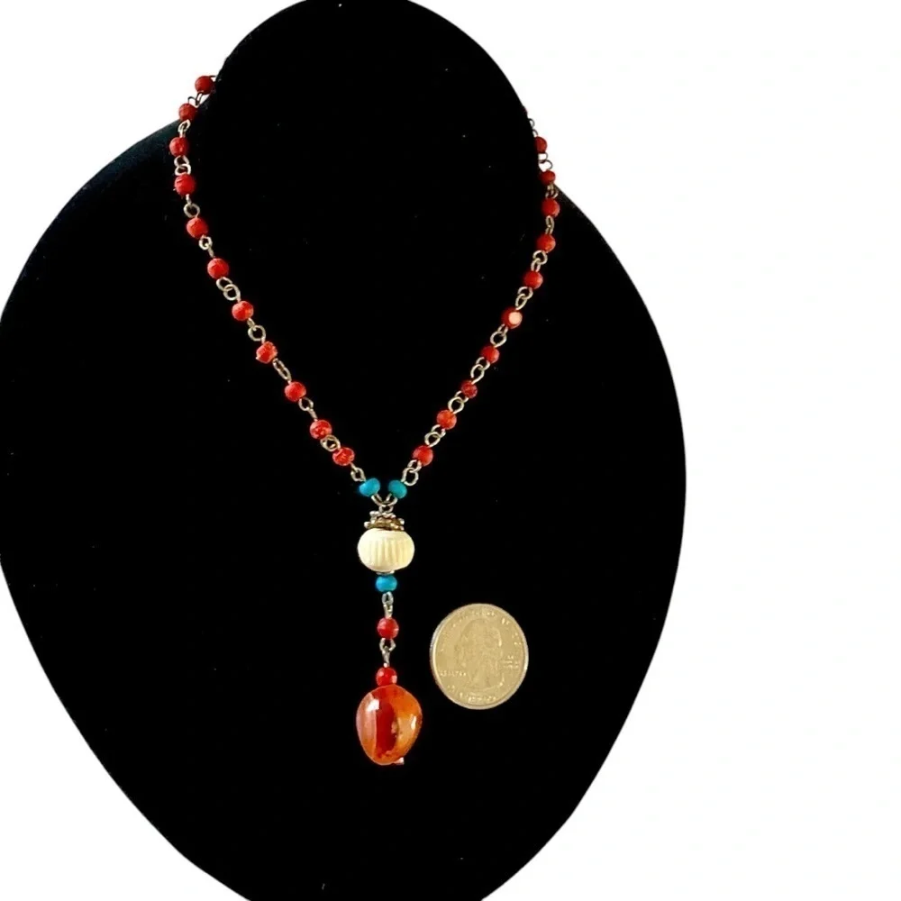 Whimsical Stone & Beaded Necklace Boho Orange & Turquoise Lobster Claw Closure